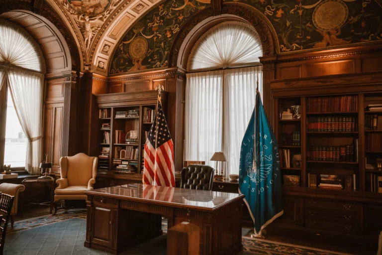 Sala jurídica sobria con libros y mobiliario institucional, imagen editorial sobre juicio de amparo frente a una orden de aprehensión.