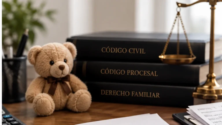 Familia representada en madera junto a documentos jurídicos sobre custodia de hijos