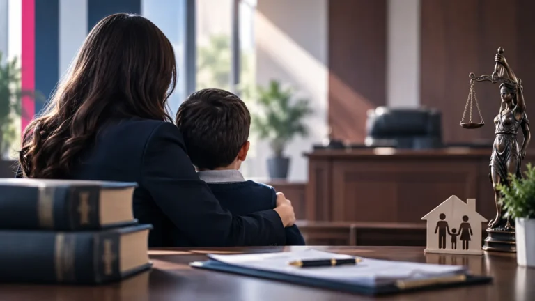 Madre e hijo en entorno judicial como representación de una medida de protección familiar en Veracruz