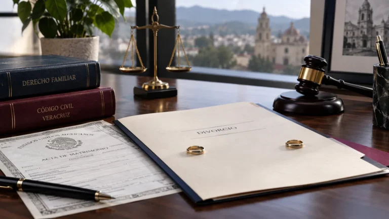 Expediente de divorcio con documentos y anillos separados en un despacho jurídico