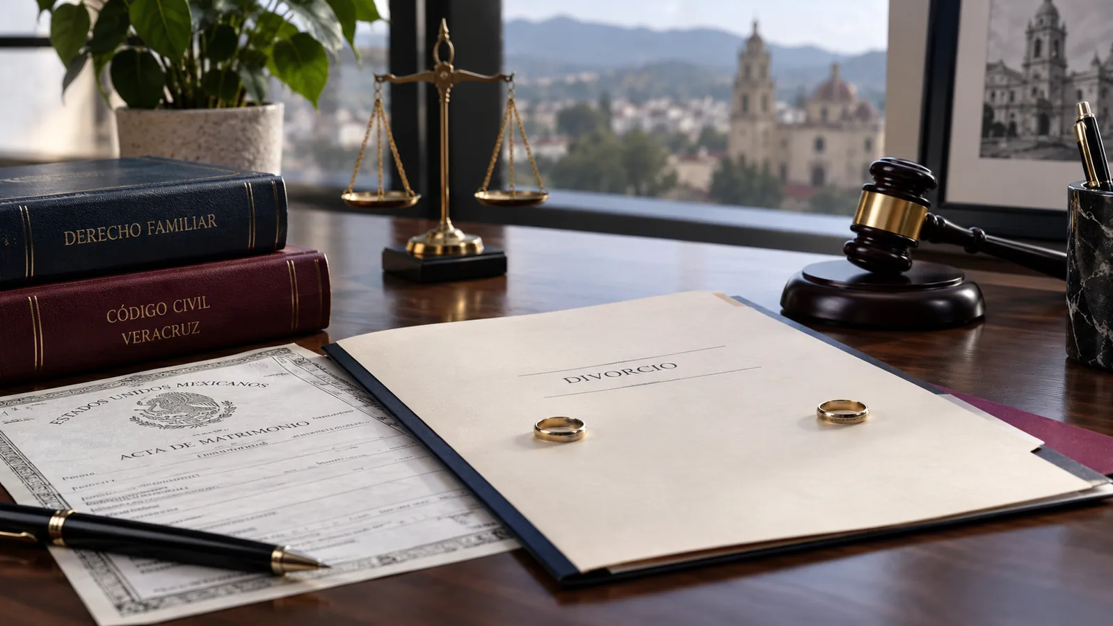 Expediente de divorcio con documentos y anillos separados en un despacho jurídico