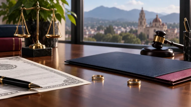 Documentación legal de separación y divorcio organizada en un escritorio de abogado