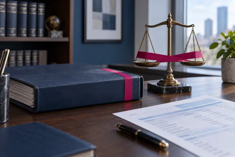 Balanza de la justicia envuelta con un listón, junto a un documento financiero sobre un escritorio