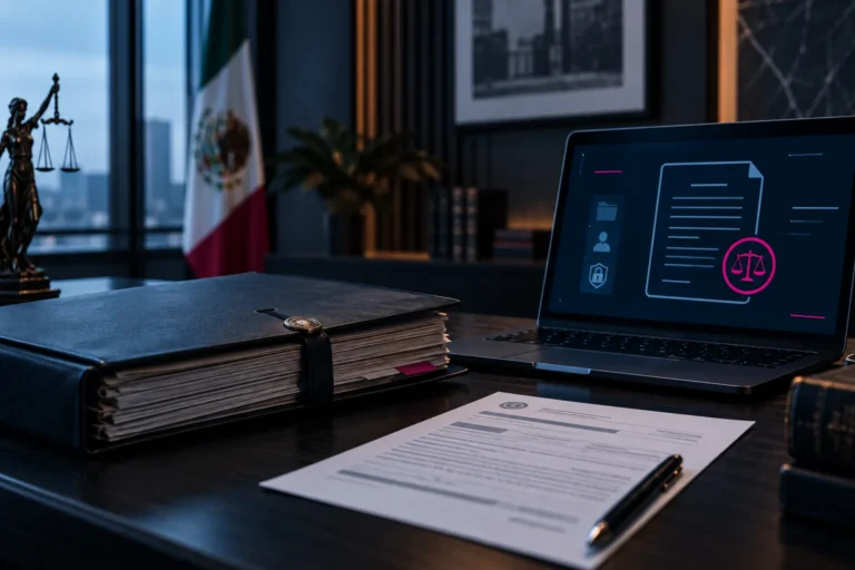 Laptop con un documento judicial digital en pantalla, junto a una bandera mexicana y una balanza de la justicia