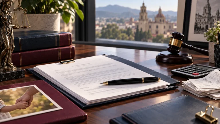 Carpeta jurídica, documentos y comprobantes para preparar una solicitud de pensión alimenticia