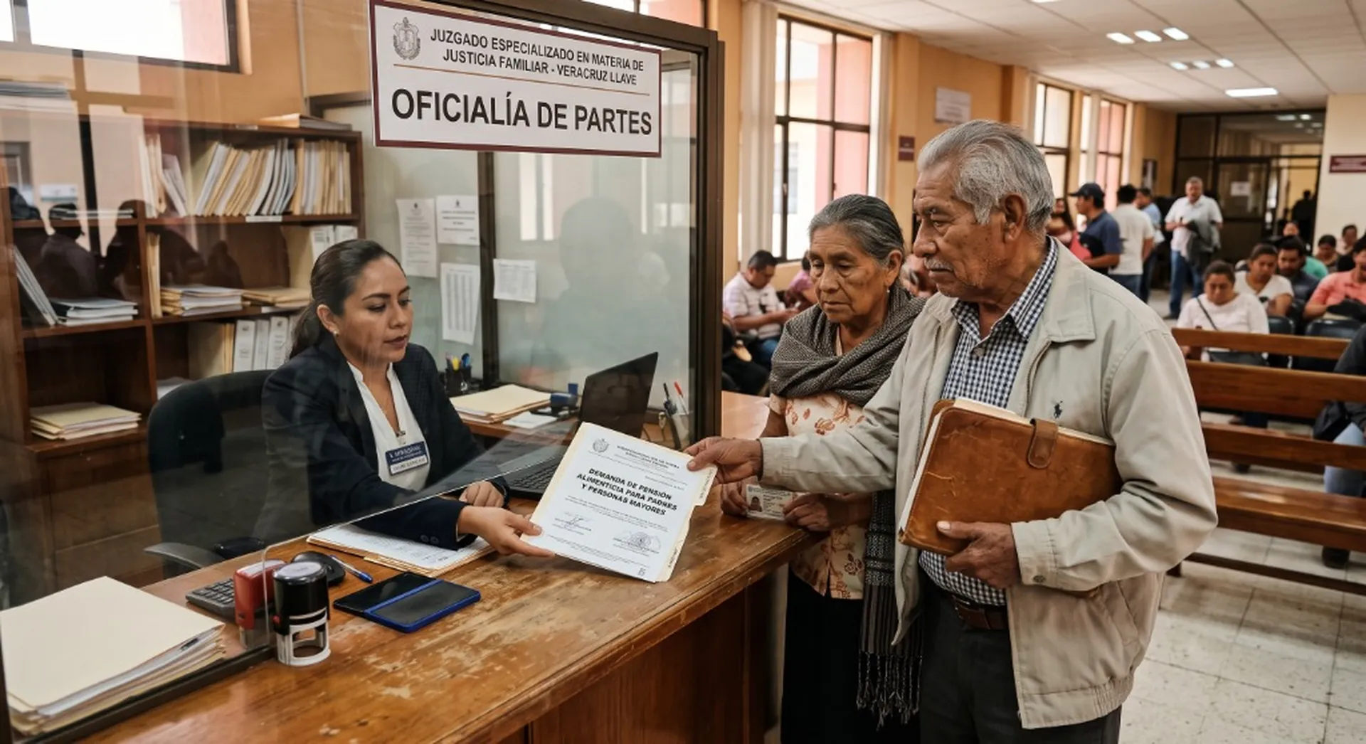Pareja adulta mayor presenta una demanda de pensión alimenticia en la oficialía de partes de un juzgado familiar en Veracruz